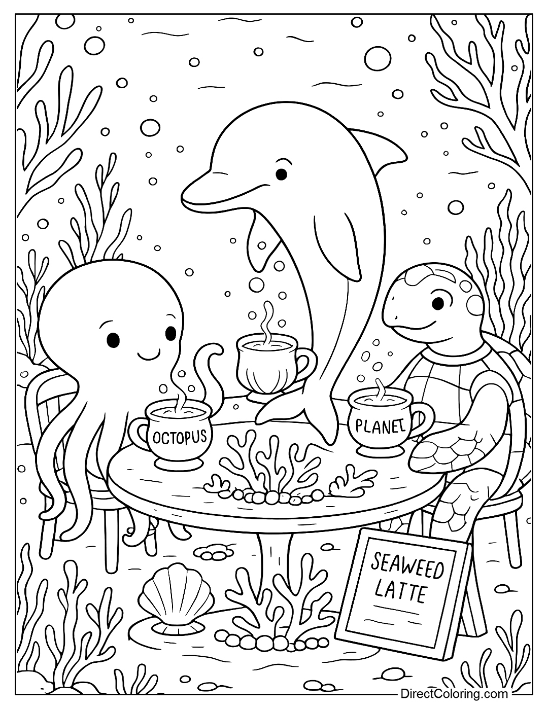 Sea creatures such as octopuses, dolphins, and sea turtles gather in an underwater cafe coloring book